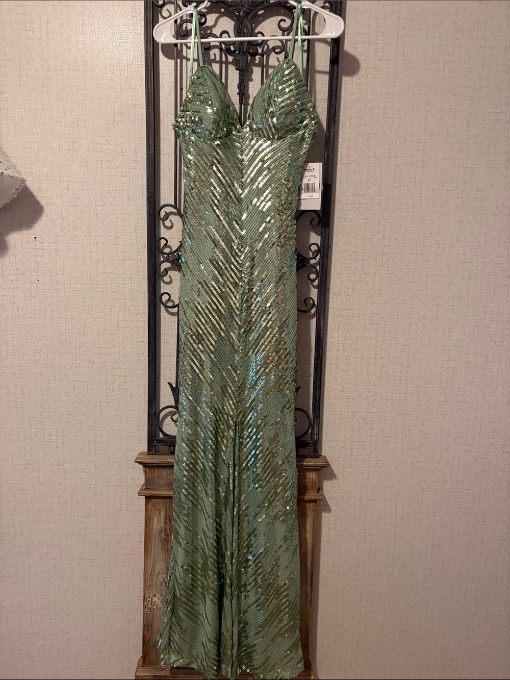 Sage Green Sequin Spaghetti-Strap Prom Dress